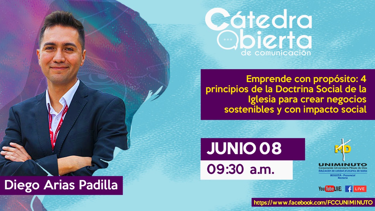 Promotional graphic for a public talk by Diego Arias on entrepreneurship with purpose